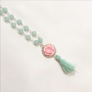 LONG SILVER, MINT GREEN & PINK TASSEL NECKLACE